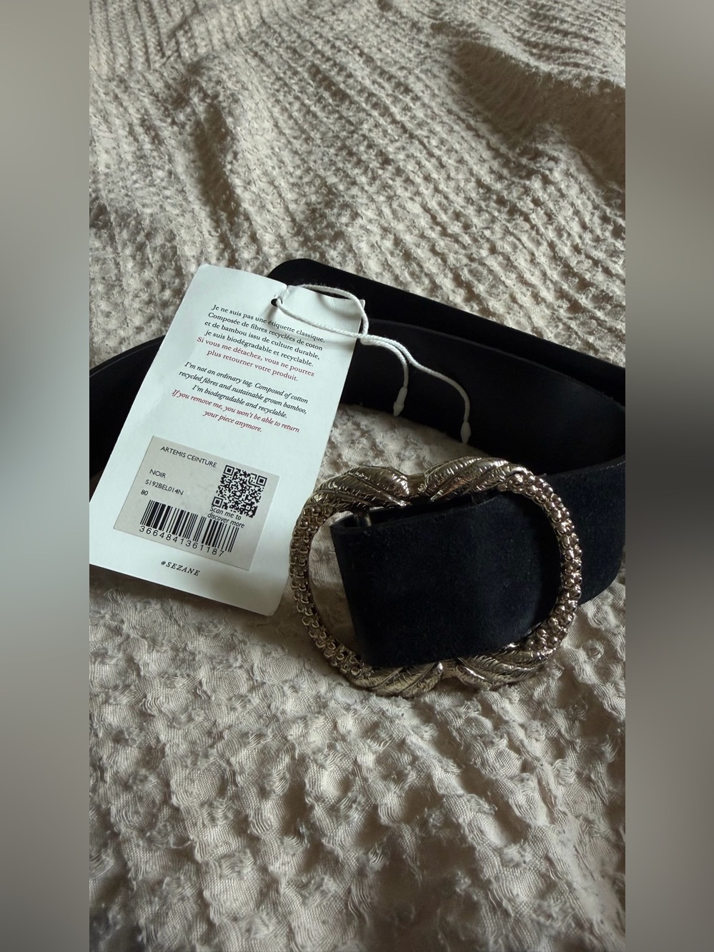 Sezane Black Suede Belt with Twisted Gold Buckle with tag and dust bag.